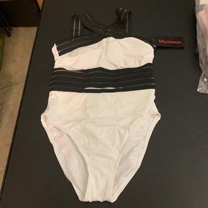Mycoco Women's White/Black High Neck Monkini Small (4-6) NWT
